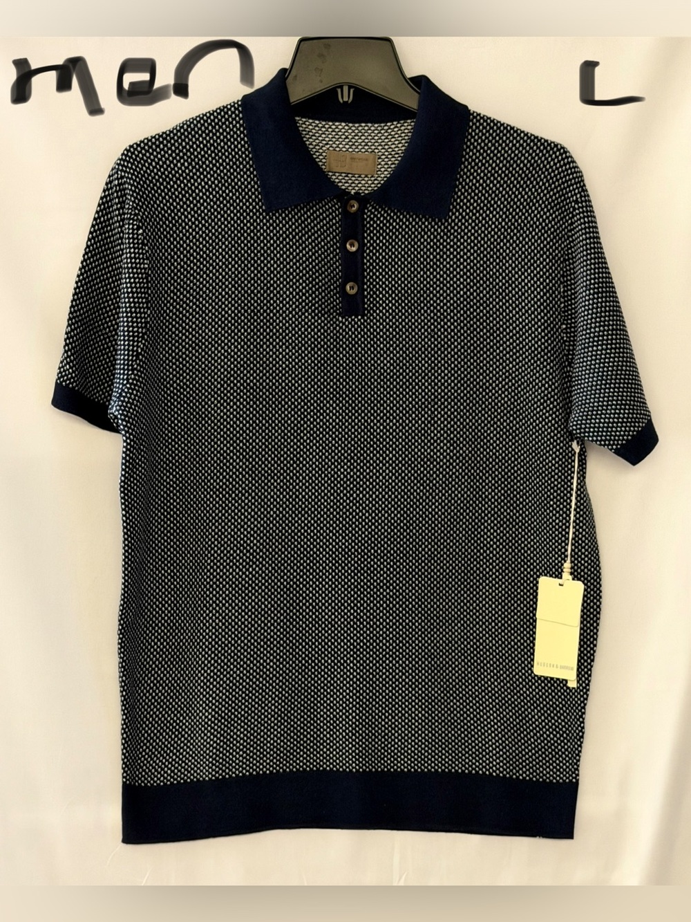 Men's Navy and White Knit Polo Shirt